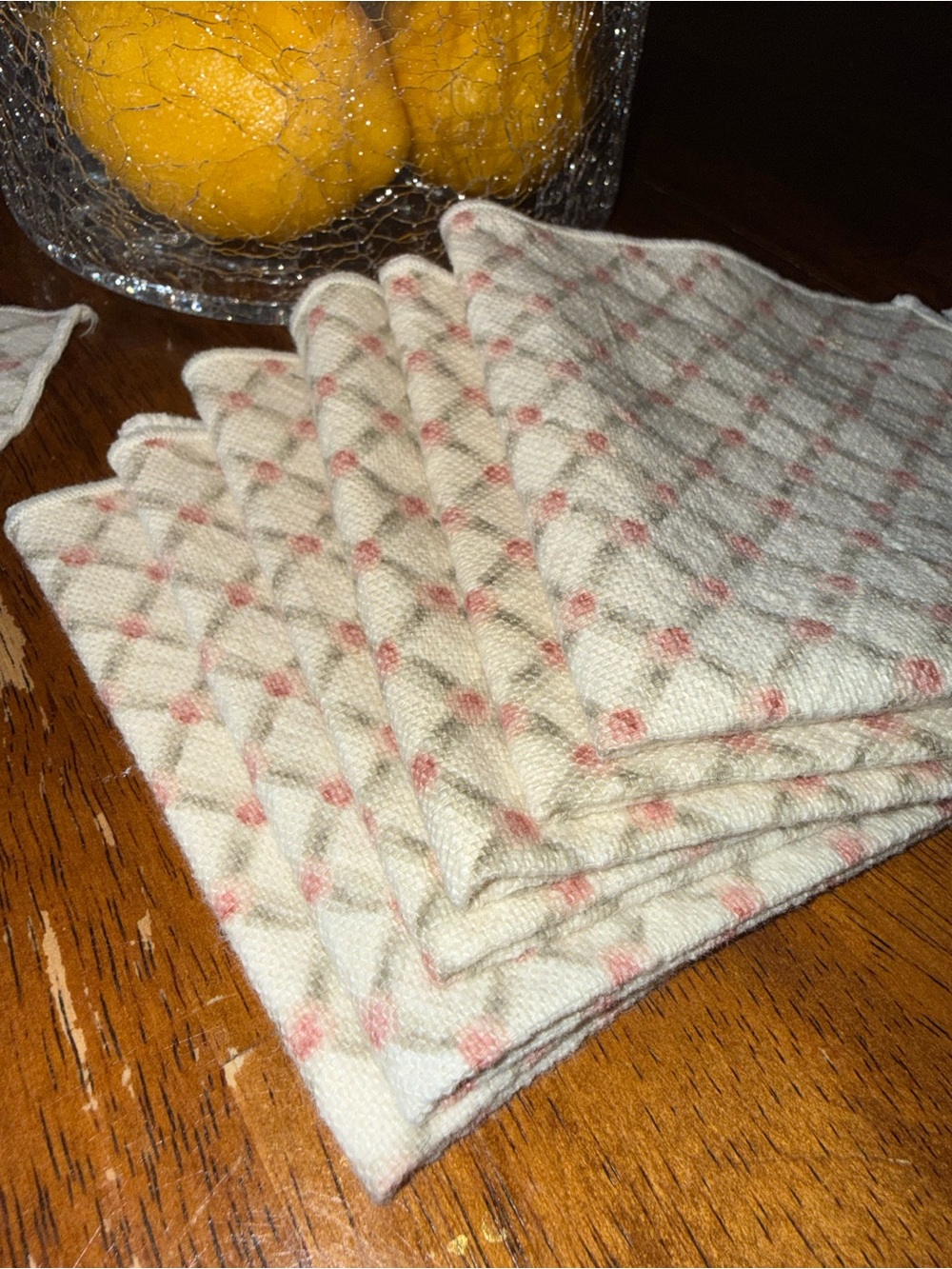 Vintage Cloth Napkins Sage Green Pink Cream Set of 6